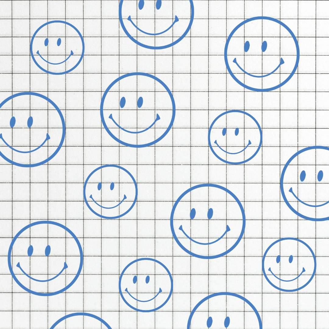 Graphic of blue smiley faces on lined paper